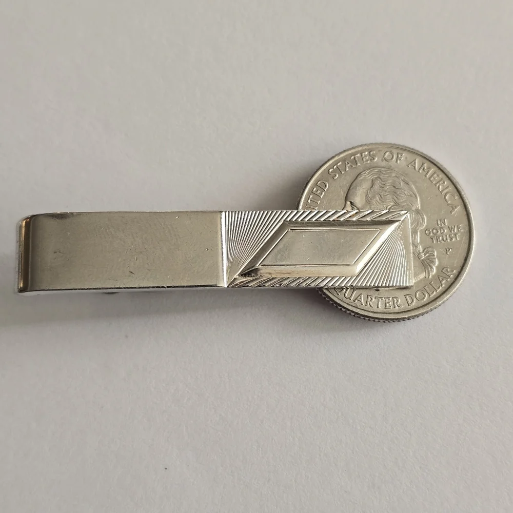 Vintage set cuff links tie clip silver tone geometric rhombus parallelogram